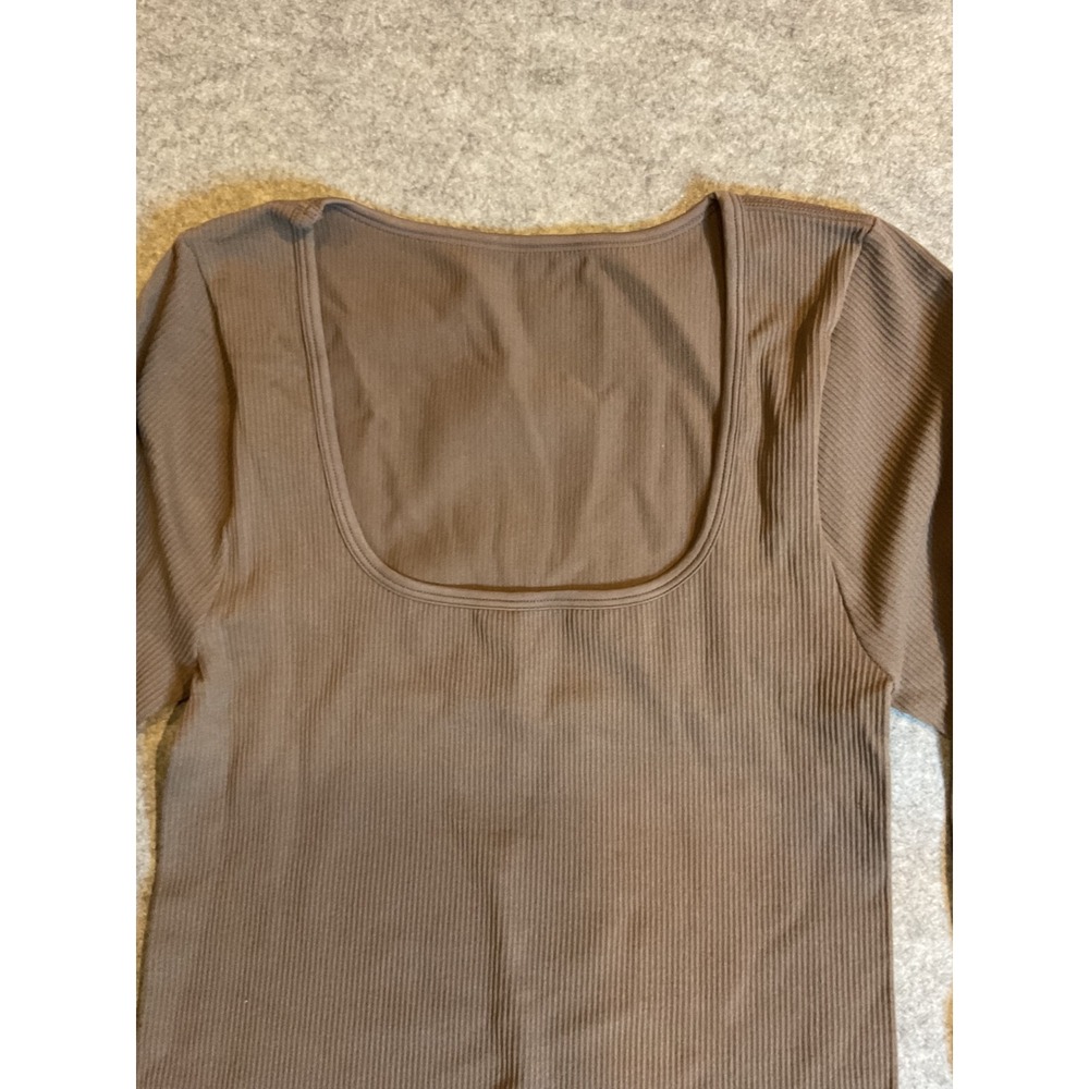 QQQ Women Brown Ribbed Square Neck Long Sleeve Seamless Crop Top Large - Picture 2 of 7